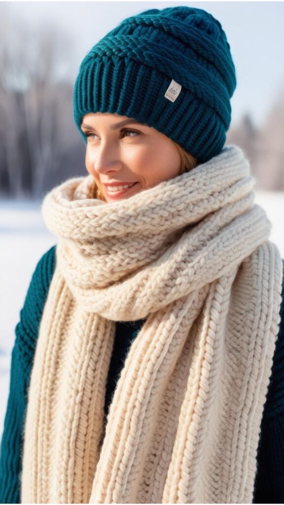 A stylish beanie and cozy scarf add personality to a winter outfit.