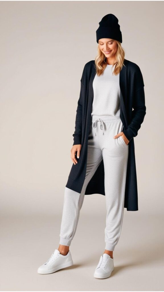 Generate an image of a person wearing gray joggers, white sneakers, and an oversized black cardigan with a matching beanie.