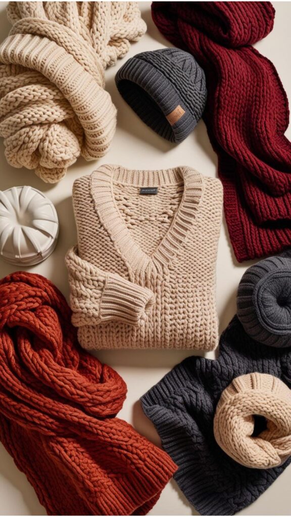 Chunky knit sweaters, scarves, and beanies are showcased, emphasizing a cozy and stylish winter aesthetic for warmth and fashion.