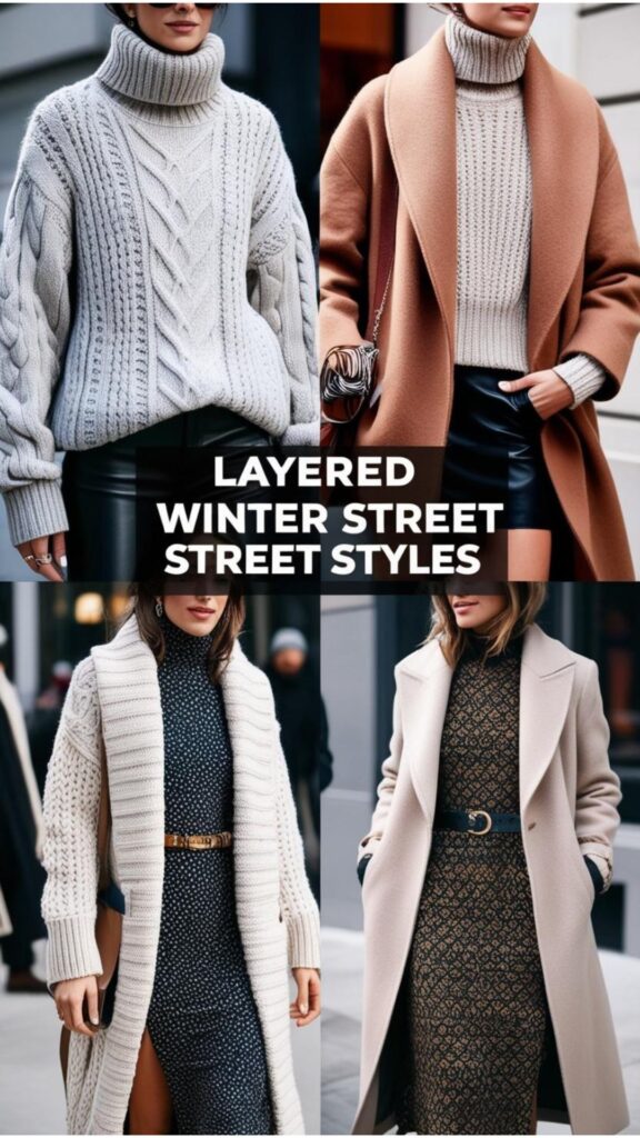Layered textures and fabrics are featured, like a sweater over a turtleneck or a jacket over a dress, exemplifying creative Winter Street Styles.