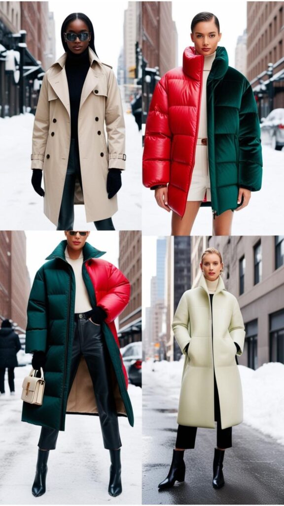A Chic Winter Street Styles statement coat is showcased, highlighting options like a trench coat, puffer jacket, or luxurious wool coat for stylish outerwear.