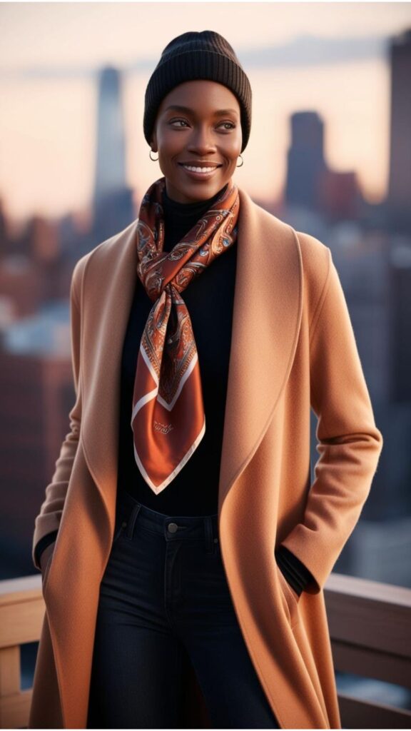 Generate an image of a stunning person wearing a long, camel-colored coat over a black turtleneck and blue jeans, accessorized with a stylish scarf and beanie.
