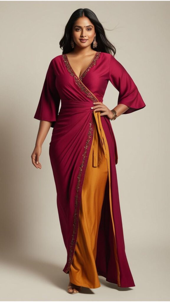 Trendy Indian plus-size wrap dress styled to accentuate curves and create a flattering and elegant silhouette.