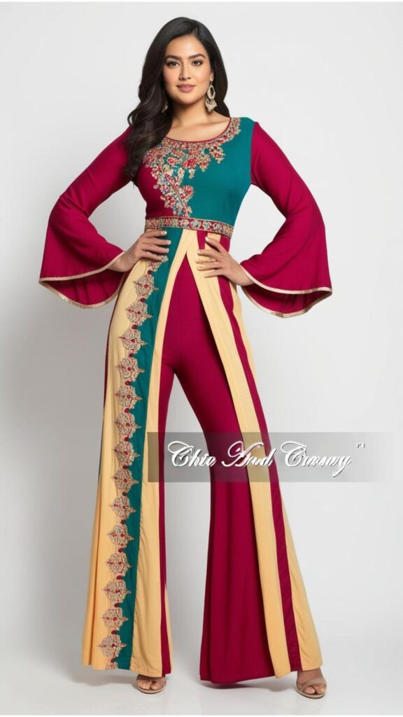 Trendy Indian plus-size outfit featuring palazzo pants designed to create a long, lean, and stylish silhouette.