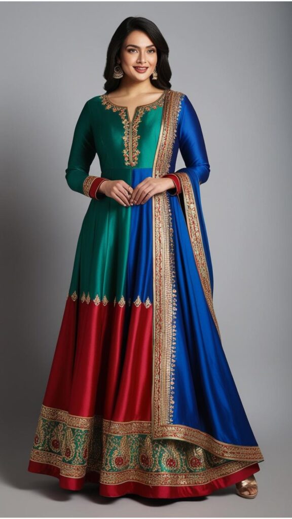 Trendy Indian plus-size Anarkali suit featuring vibrant colors and intricate embroidery, ideal for birthday celebrations and festive gatherings with elegance.