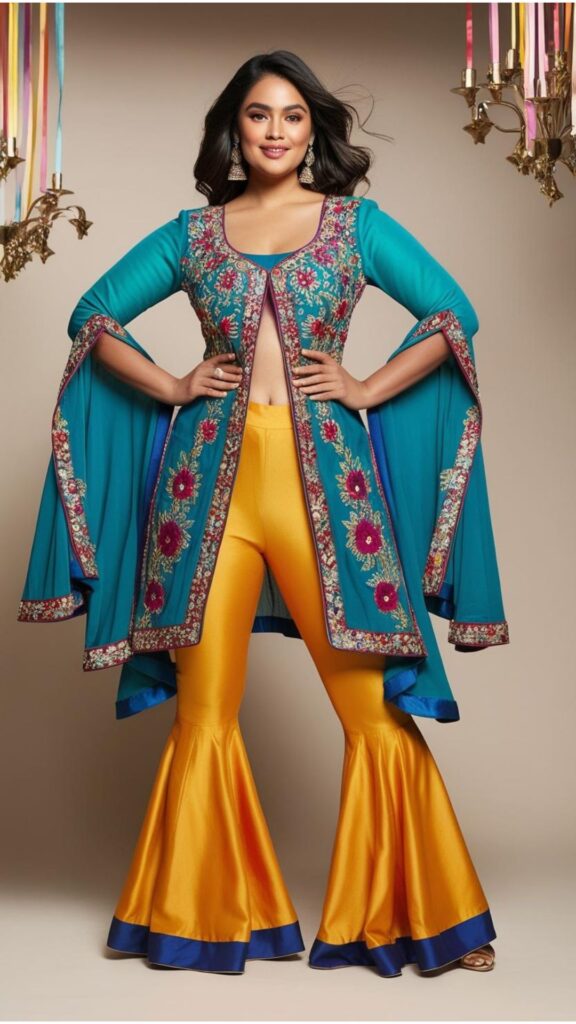 Trendy Indian plus-size sharara set with flared pants and a flowing embroidered top, styled for birthday celebrations with a graceful and elegant appearance.