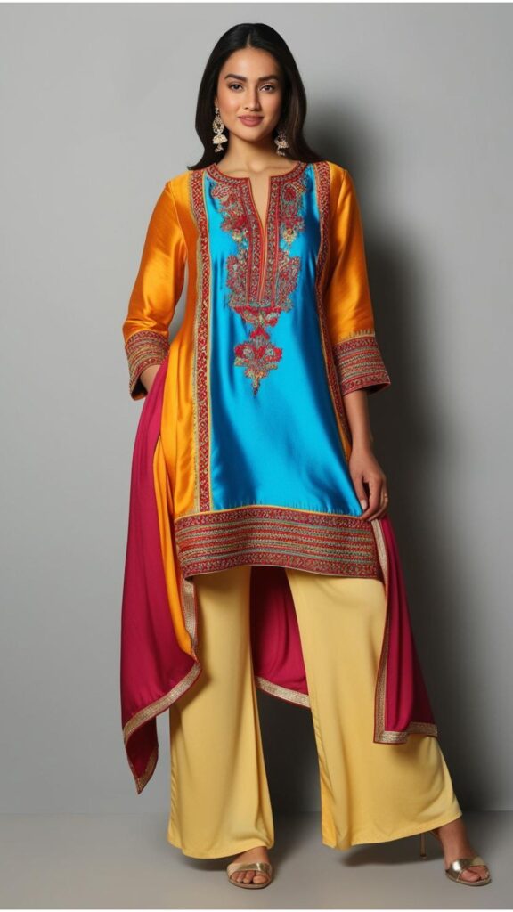 Trendy Indian plus-size Indo-Western fusion outfit featuring a stylish tunic paired with leggings and palazzos, combining comfort with modern ethnic fashion.