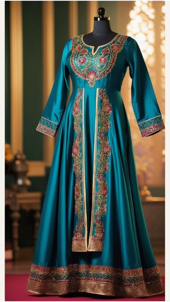 Trendy Indian plus-size Anarkali suit in vibrant colors with sequins and embroidery styled for Eid celebrations.