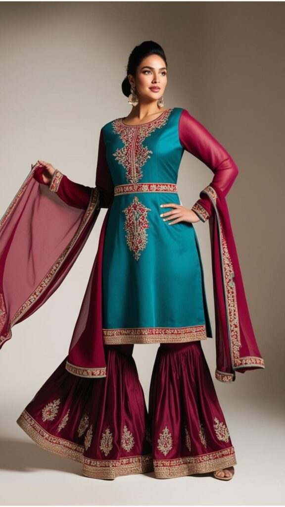 Trendy Indian plus-size sharara set with flowing silhouette styled for a graceful and elegant Eid celebration look.
