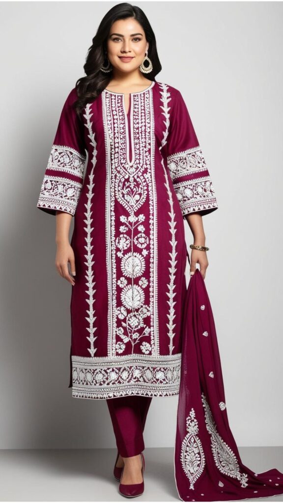 Trendy Indian plus-size outfit featuring chikankari embroidery on kurta, salwar suit, and dupatta for elegant style.