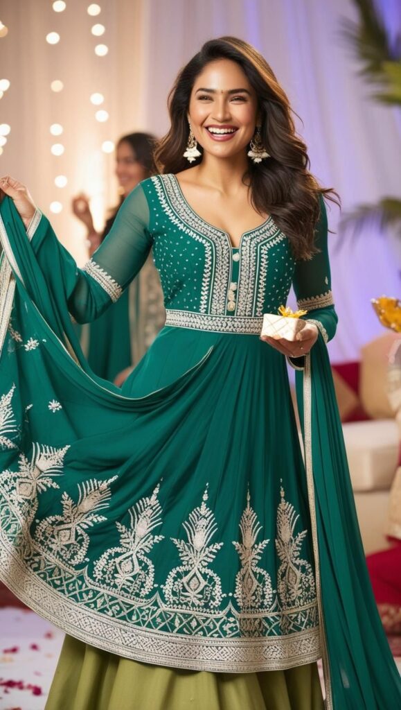 Generate an image of a woman wearing a green Anarkali suit with intricate chikankari work, celebrating Eid.