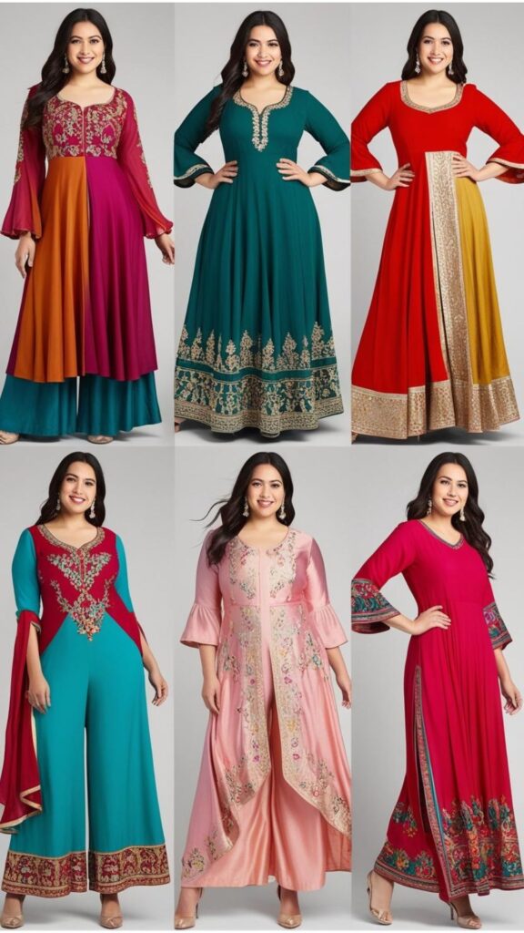Trendy Indian plus-size outfits for fat women with flowing silhouettes like Anarkali suits, palazzo pants, and maxi dresses.