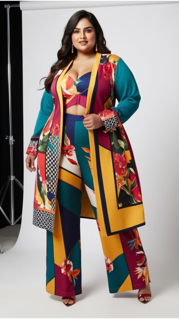 Trendy Indian plus-size outfit featuring floral, geometric, and abstract prints for added style and visual interest.