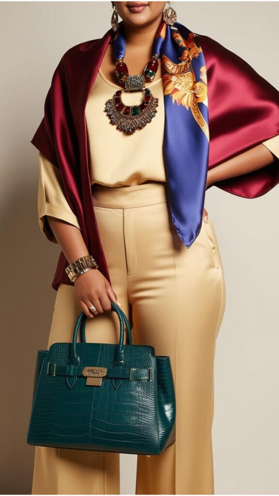 Trendy Indian plus-size outfit accessorized with statement jewelry, a stylish scarf, and a chic bag for a complete look.