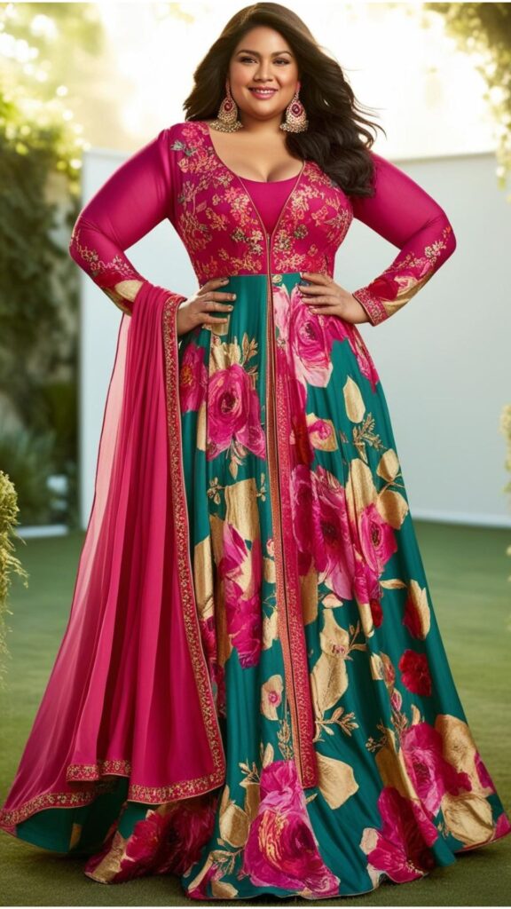 Generate an image of a plus-size stunning woman wearing a flowing floral Anarkali suit with statement earrings.