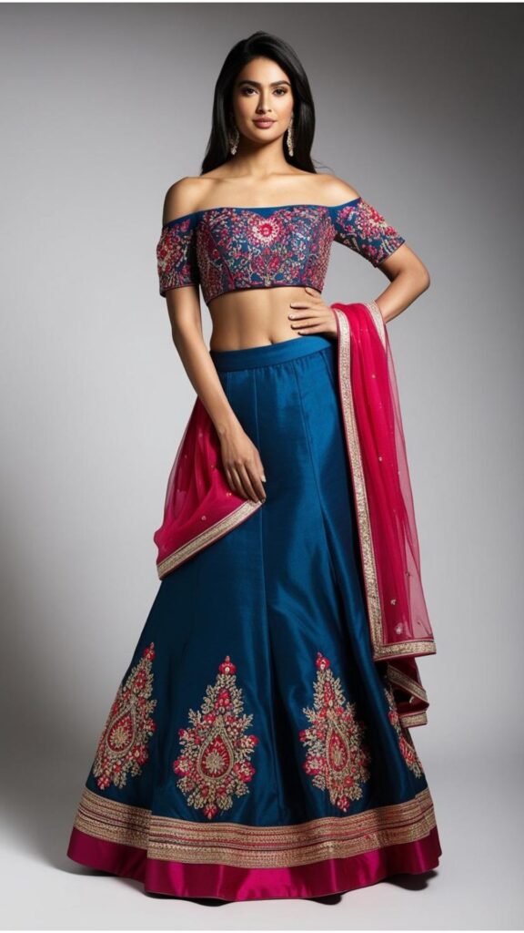 Trendy Indian plus-size lehenga outfit with off-shoulder blouse, blending modern design and ethnic elegance.