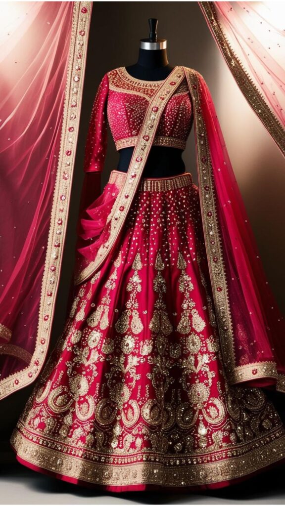 Trendy Indian plus-size lehenga with intricate embroidery, sequins, and beadwork for a glamorous look.