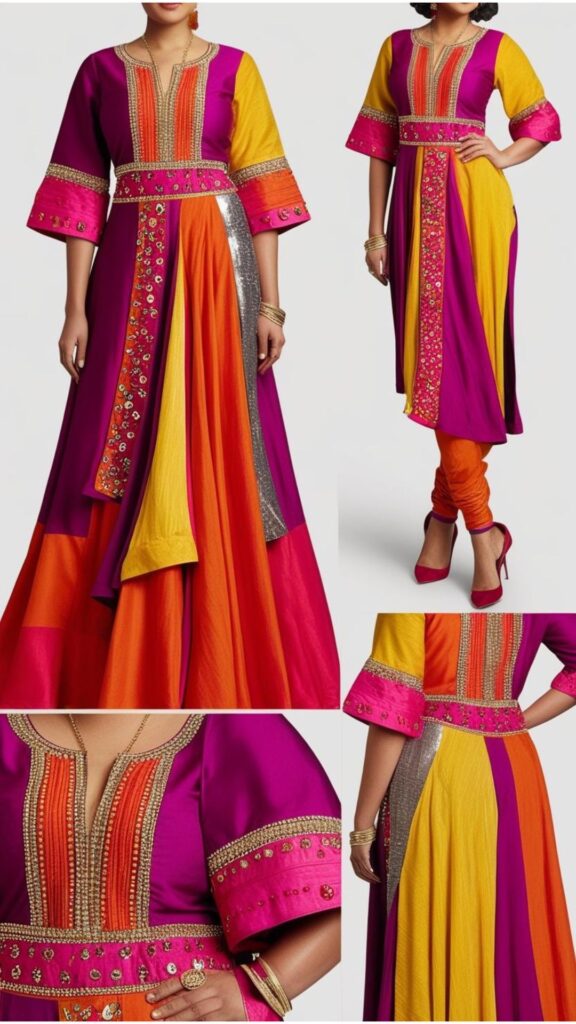 Trendy Indian plus-size outfit featuring bold color combinations with contrasting and complementary shades.