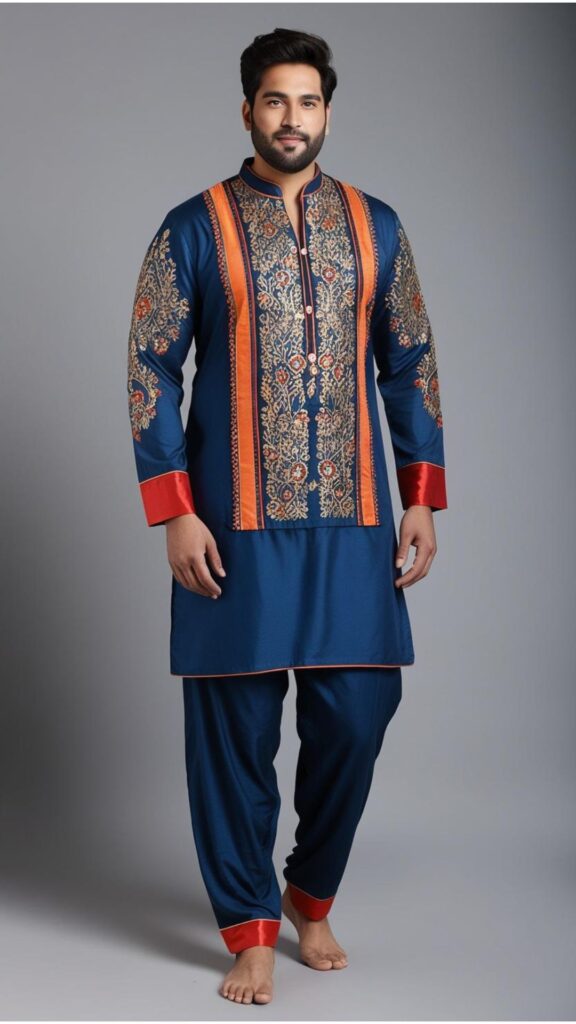 Trendy Indian kurta pyjama outfit for plus-size men featuring intricate embroidery, vibrant colors, and comfortable fabric perfect for festive or casual wear.