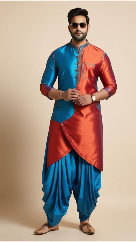Trendy Indian plus-size outfit for men featuring dhoti pants styled with a kurta, blending traditional elegance and modern comfort for a fashionable ethnic look.