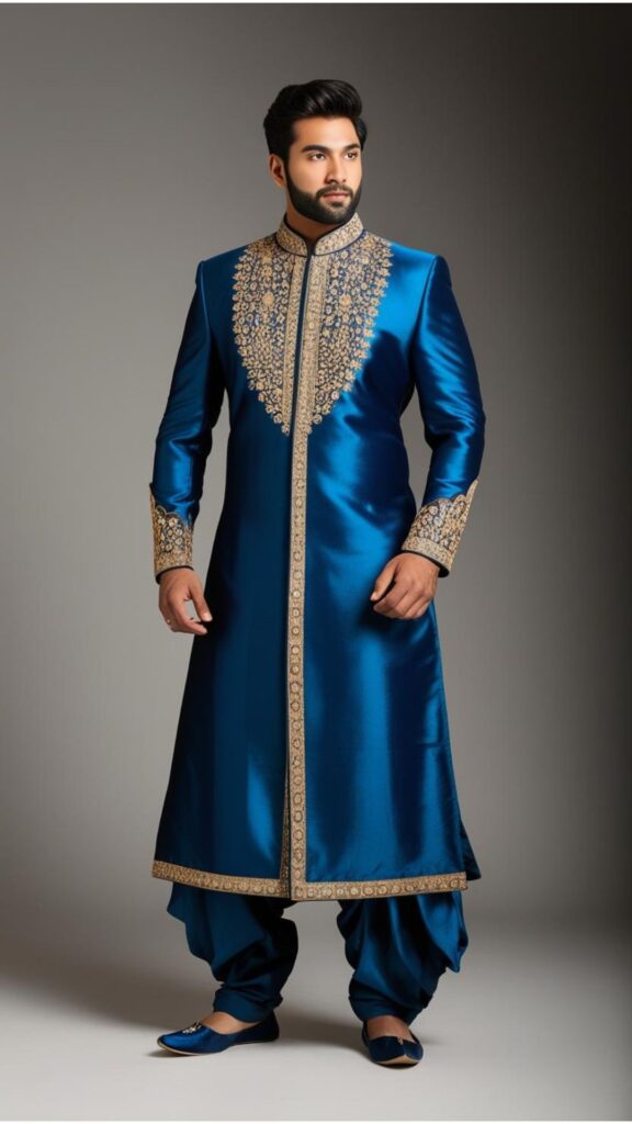 Trendy Indian plus-size sherwani outfit for weddings featuring rich fabric, detailed embellishments, and a modern silhouette perfect for elegant special occasions.