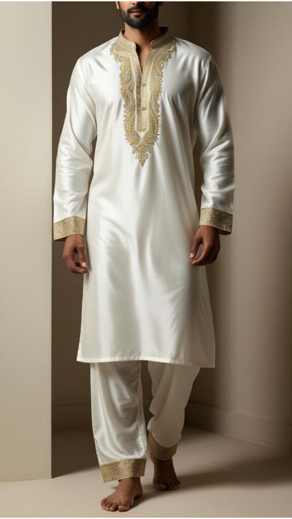 Generate an image of a man wearing a white kurta pyjama set with intricate embroidery.
