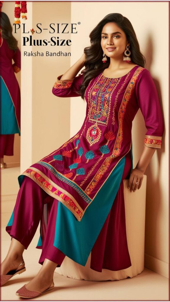Trendy Indian plus-size kurti and palazzo set styled for Raksha Bandhan with a comfortable and festive look.