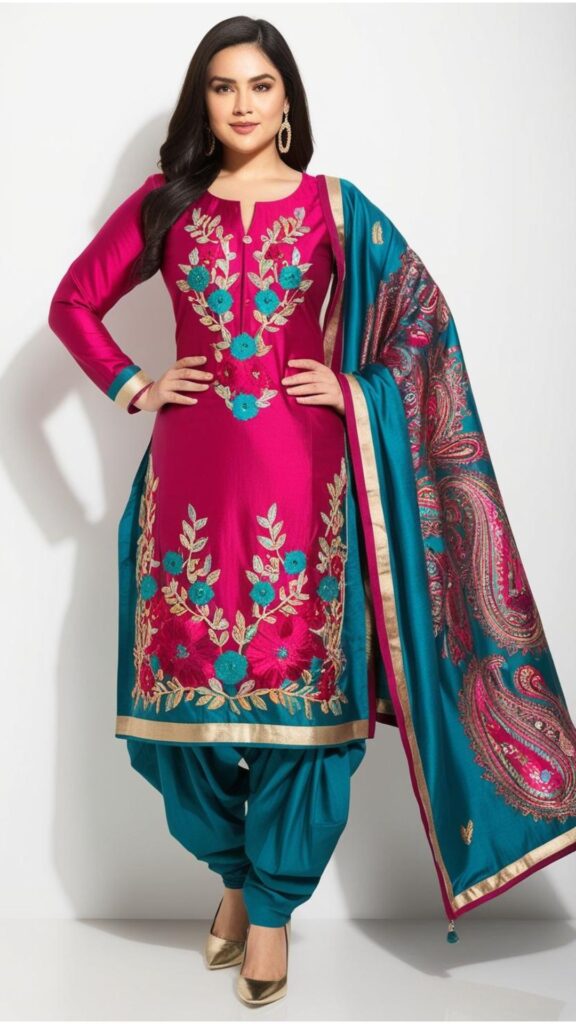 Trendy Indian plus-size salwar kameez set in bright colors with intricate embroidery and eye-catching prints.