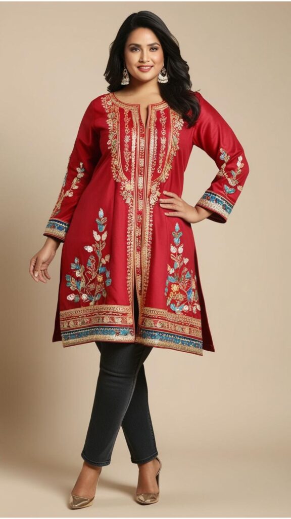 Trendy Indian plus-size Indo-Western fusion outfit featuring a tunic paired with jeans or leggings for style.