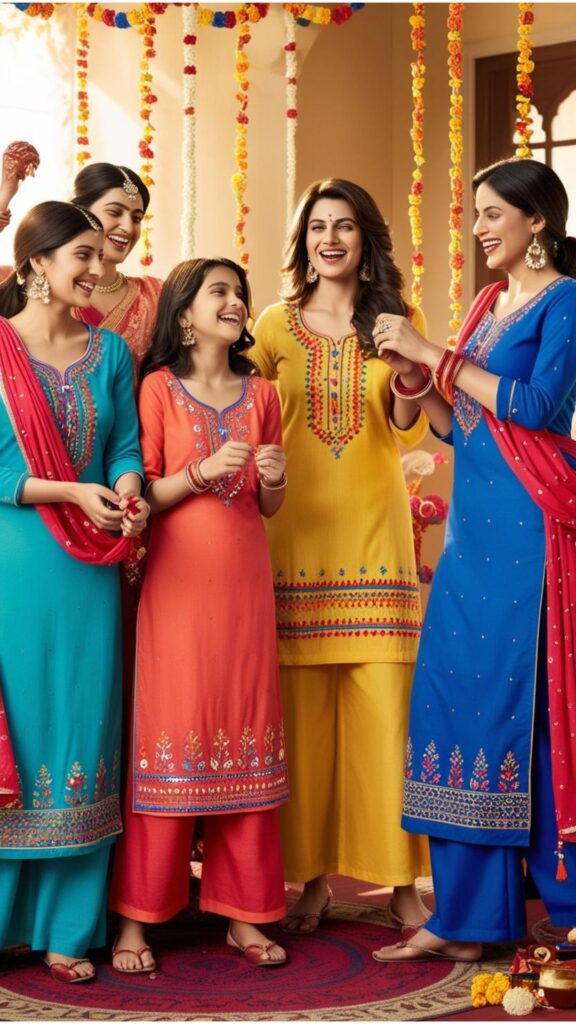 Generate an image of a family celebrating Raksha Bandhan, with women wearing colorful kurtis and palazzos.