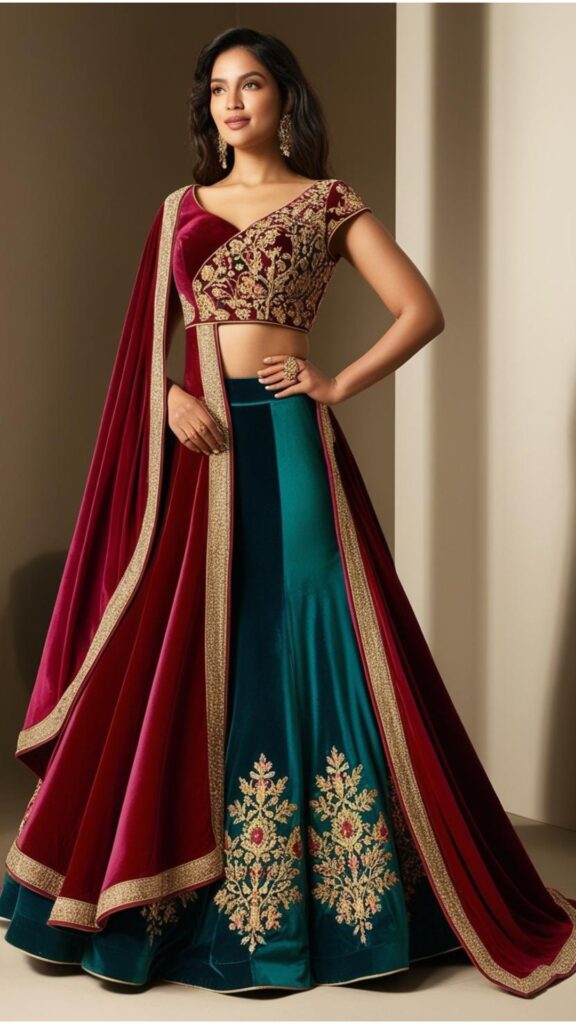 Trendy Indian plus-size lehenga with a unique silhouette featuring an asymmetrical hem and cape-style design.