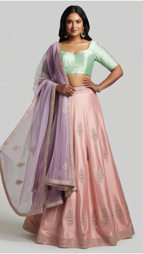 Trendy Indian plus-size wedding outfit in pastel shades like blush pink, mint green, and lavender for elegance.