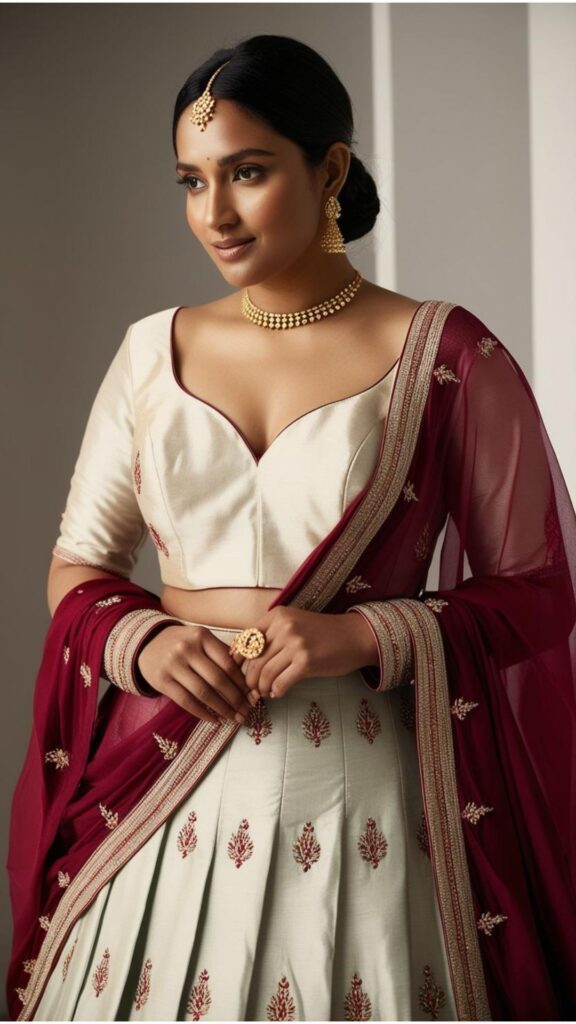 Trendy Indian plus-size wedding outfit styled with minimalist jewelry for an elegant and understated appearance.