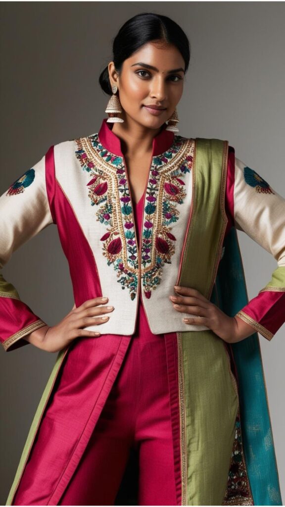 Trendy Indian plus-size outfit made from sustainable fabrics like organic cotton and recycled silk for eco-friendly style.