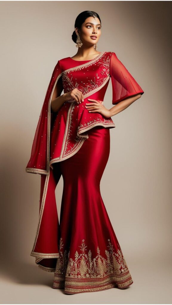 Trendy Indian plus-size wedding outfit featuring a unique silhouette with asymmetric cuts and a stylish cape-style design.