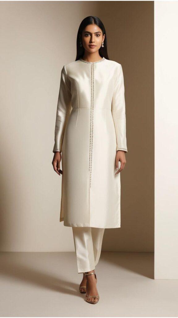 Trendy Indian plus-size outfit with a minimalist design featuring clean lines and subtle embellishments for elegance.