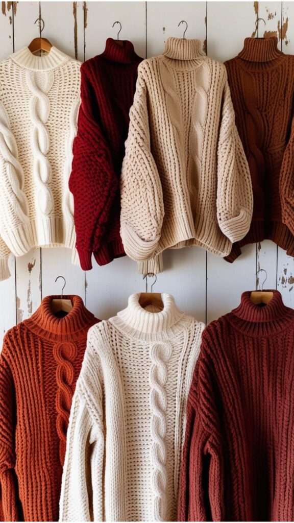 Chunky knits, oversized cardigans, and cozy turtlenecks: warm winter wear.