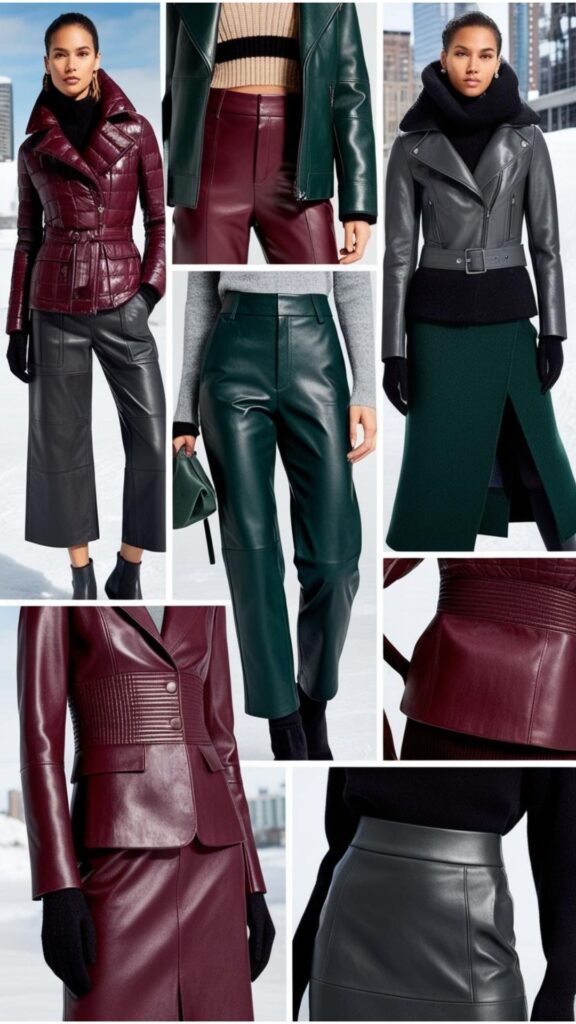 Leather/faux leather adds edge to winter: jackets, pants, skirts.