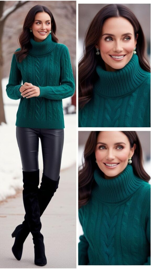 Generate an image of a lovely woman wearing a winter vibrant emerald green sweater with black leather pants and over-the-knee boots.