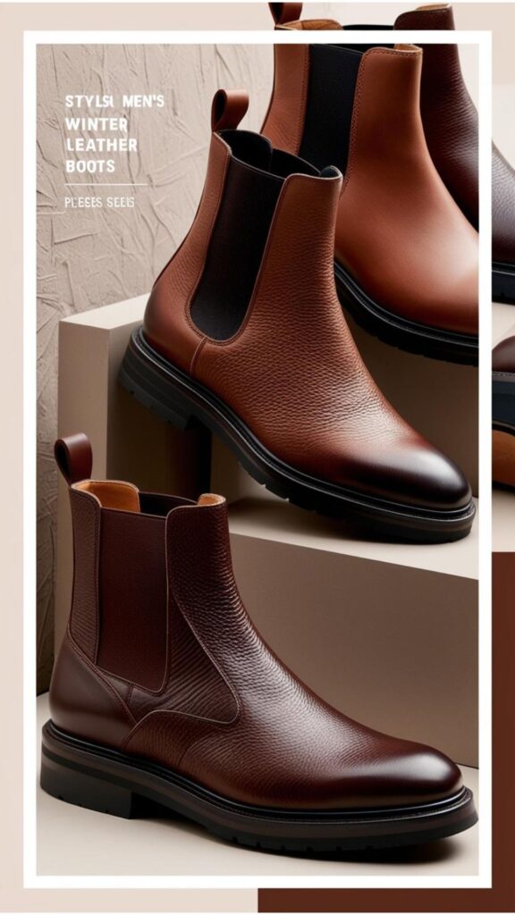 Stylish men's footwear: winter leather boots with Chelsea or chunky designs.