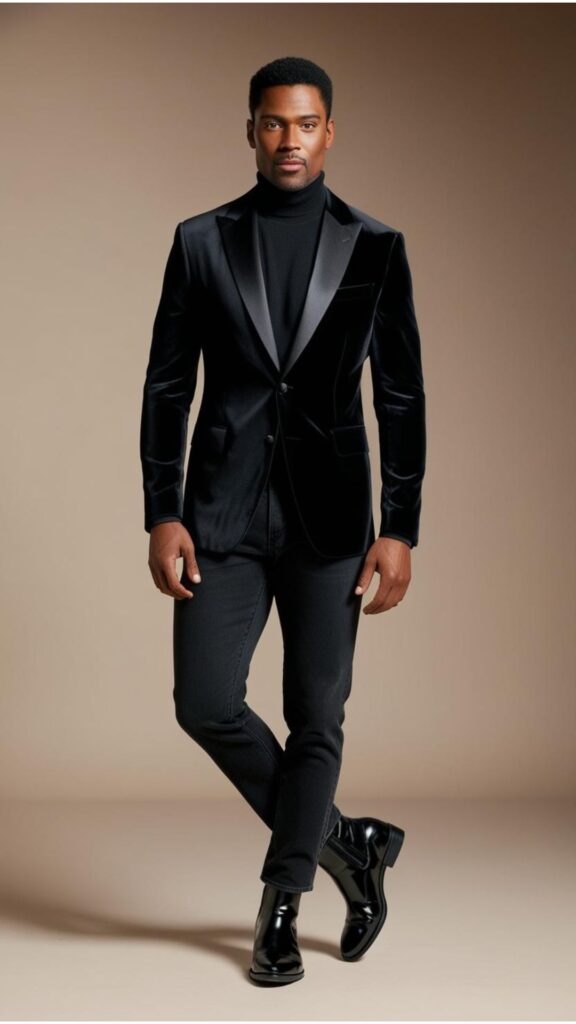 Generate an image of a handsome man wearing a black velvet blazer over a black turtleneck sweater, paired with black jeans and leather boots.