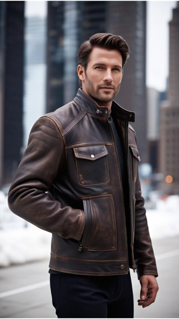 A leather jacket for men: a timeless piece adding edge to winter outfits.