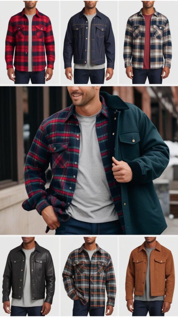 Men's winter style: flannel shirts over tees or under jackets.