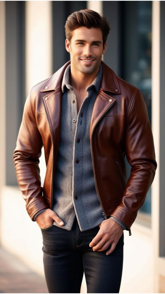 Generate an image of a good-looking man wearing a brown leather jacket over a gray flannel shirt and dark jeans.