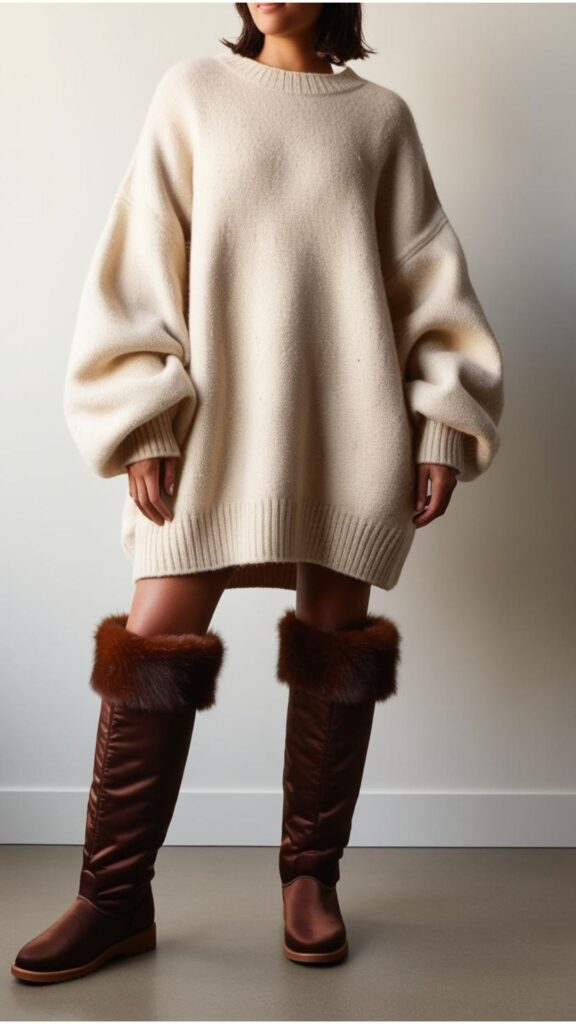 Generate an image of a person wearing a winter cozy oversized sweater made from recycled wool, paired with sustainable faux fur boots.
