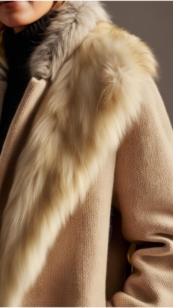Sustainable materials such as recycled wool, organic cotton, and eco-friendly faux fur are featured, highlighting the rise of eco-conscious winter fashion.