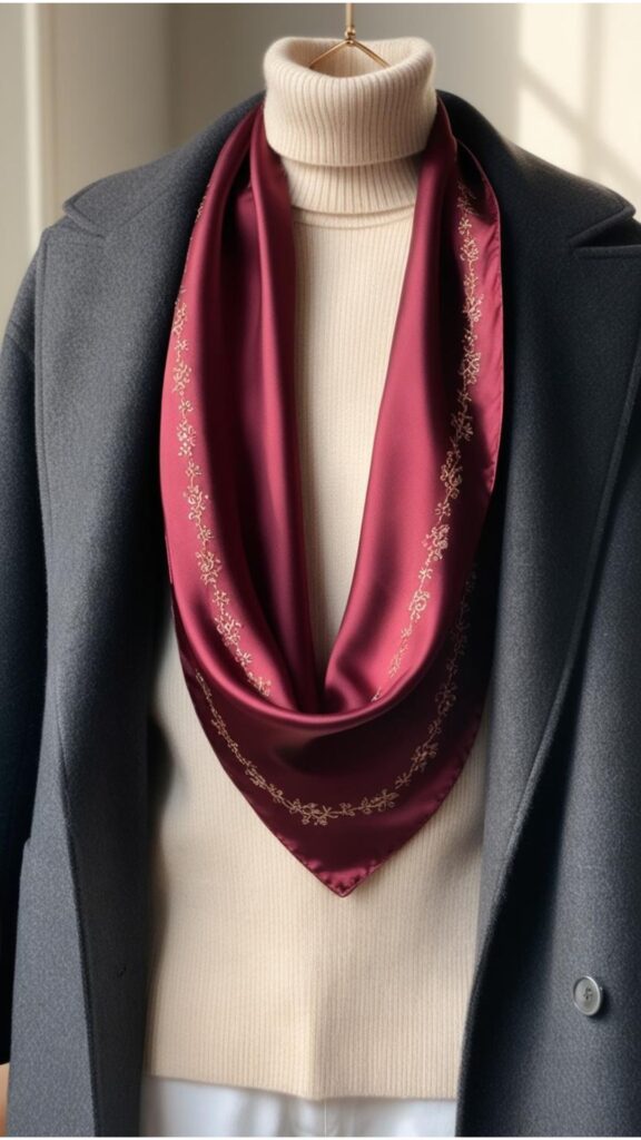 A silk scarf adds elegance and sophistication to a winter outfit.