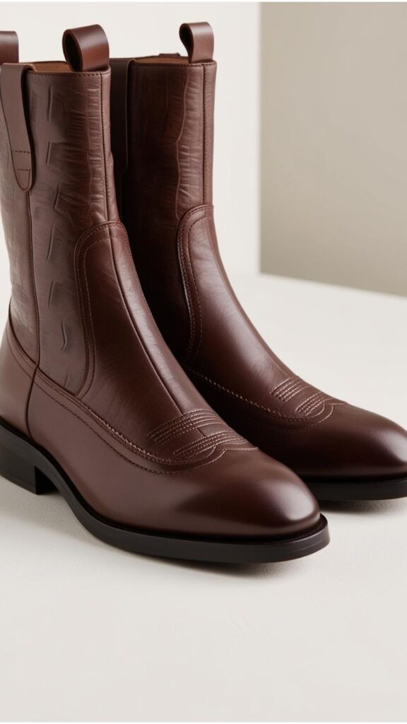 Stylish winter footwear: leather boots or ankle boots with unique details.
