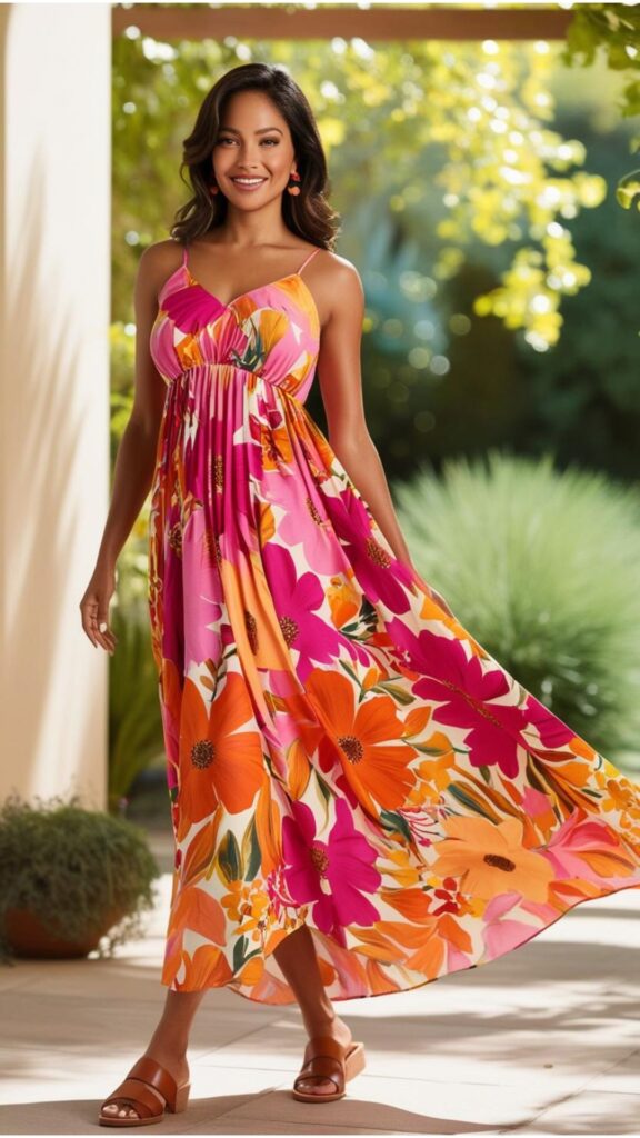 Generate an image of a lovely woman wearing a flowing floral maxi dress with strappy sandals.