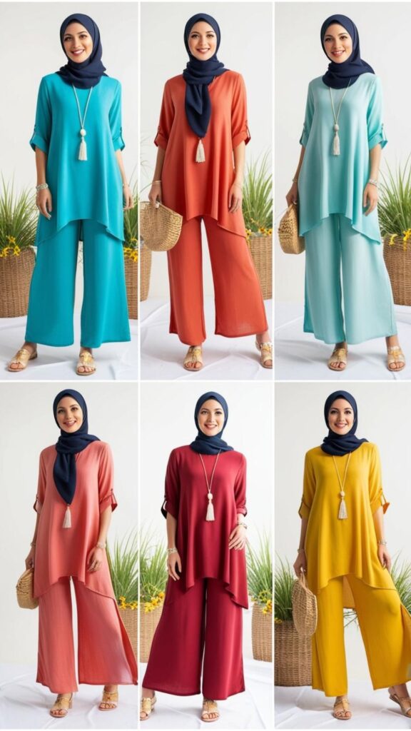 Palazzo pants and tunics/long tops hijab: Comfortable and stylish summer outfits.